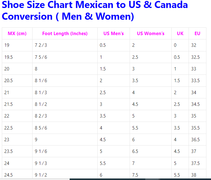 Mexican Shoe Size Chart Conversion to US & Canada ( Men & Women)