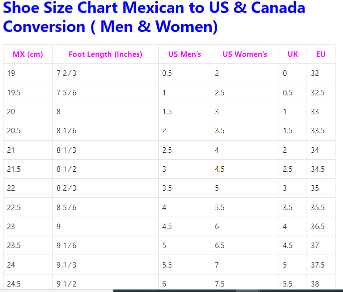 mexican shoe size to us shoe size