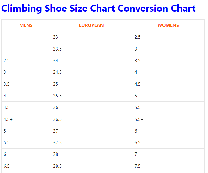 Climbing Shoe Size Chart Conversion Chart 
