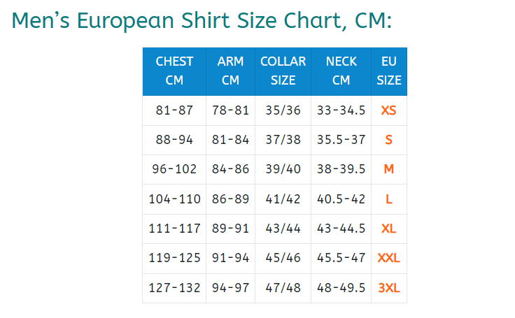 Men’s European Shirt Size Chart, CM: