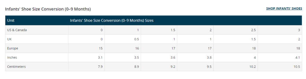 baby shoe size chart 6 9 months