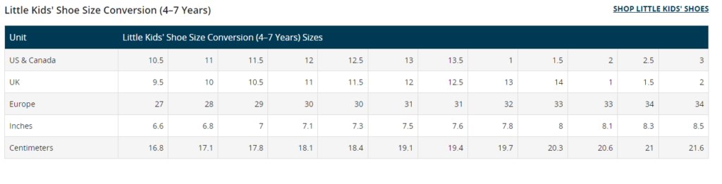 7 8 years shoe size