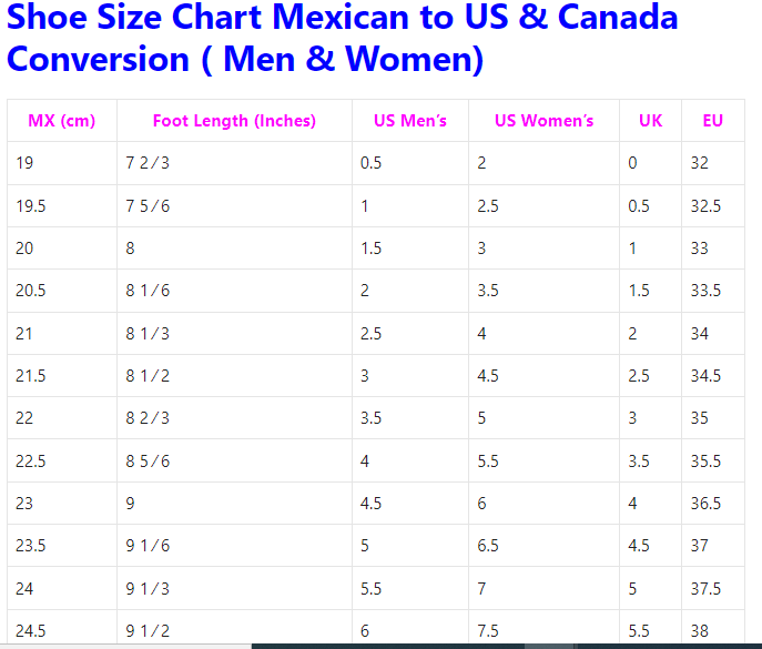 Mexican Shoe Size Charts Conversion Measurements 55 OFF