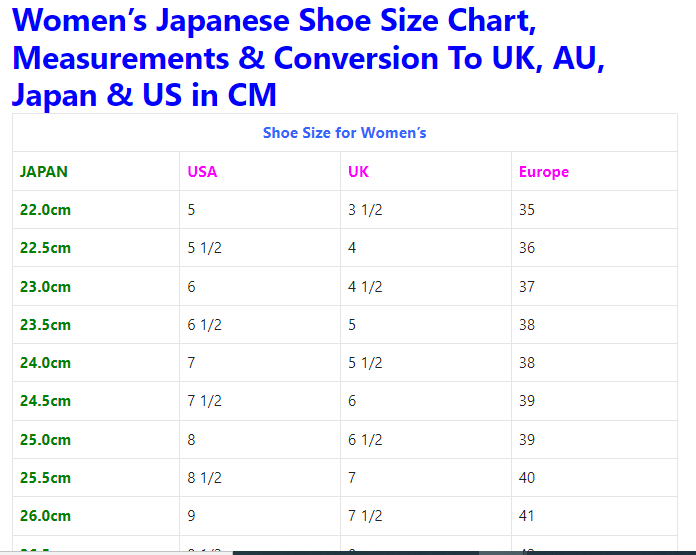 Japanese Shoe Size Chart