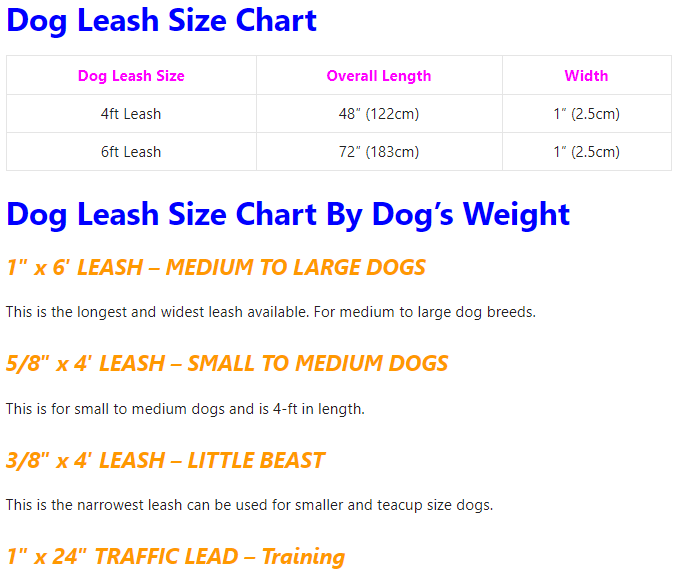 Dog Leash Size Chart