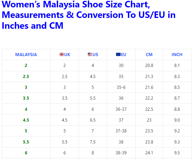 Malaysian Shoe Size Chart