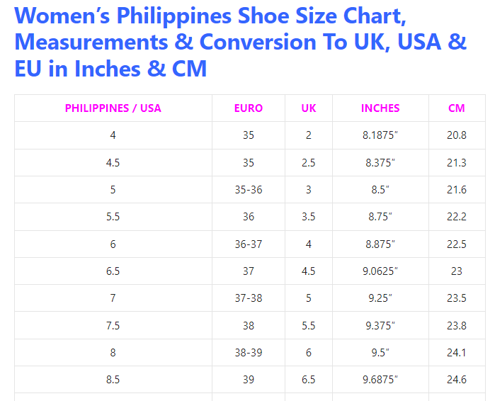 Philippines Shoe Size Charts Conversion and Measurements