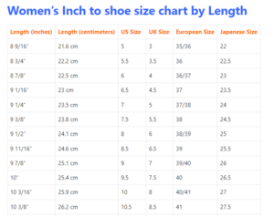 Inch to shoe size chart : Conversion & Measurement