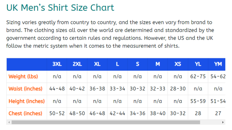 UK Shirt Size Chart Conversion Sizecharts